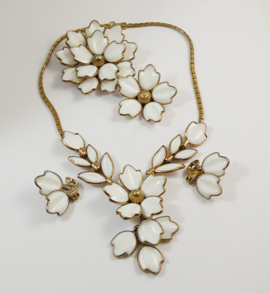 Vintage Crown Trifari Milk Glass Parure, Necklace, Clip Earrings, Flower Pins - Vintage Lane Jewelry