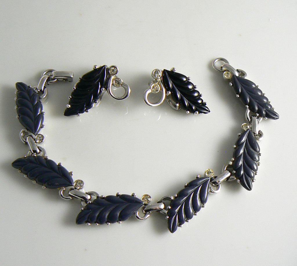 Kramer Black Lucite Leaves And Rhinestone Bracelet And Earring Set - Vintage Lane Jewelry