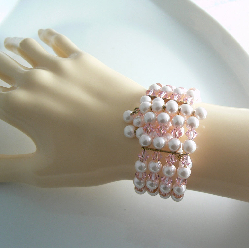 Laguna Pink Faux Pearl And Crystal Necklace, Bracelet And Earring Set - Vintage Lane Jewelry