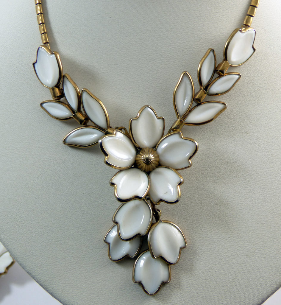 Vintage Crown Trifari Milk Glass Parure, Necklace, Clip Earrings, Flower Pins - Vintage Lane Jewelry