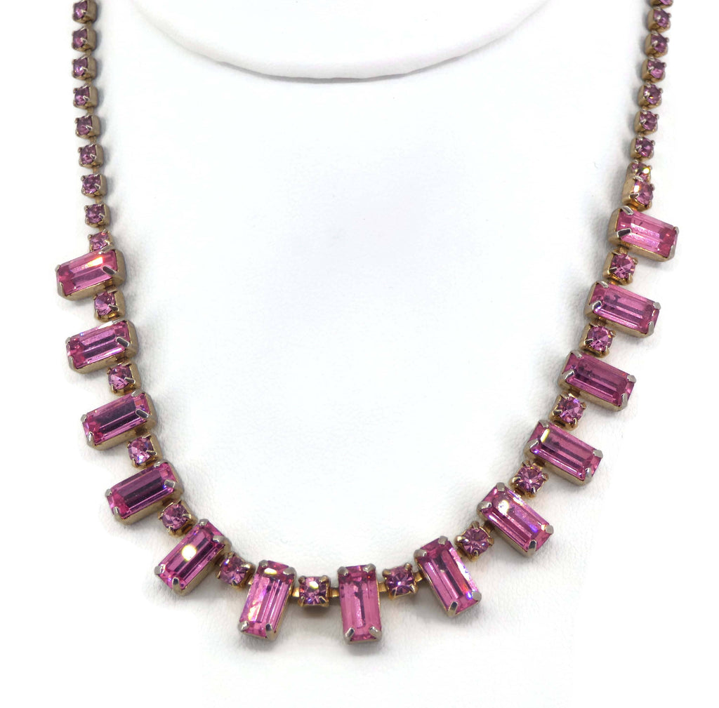Pink Baguette Rhinestone Necklace and Earrings - Vintage Lane Jewelry