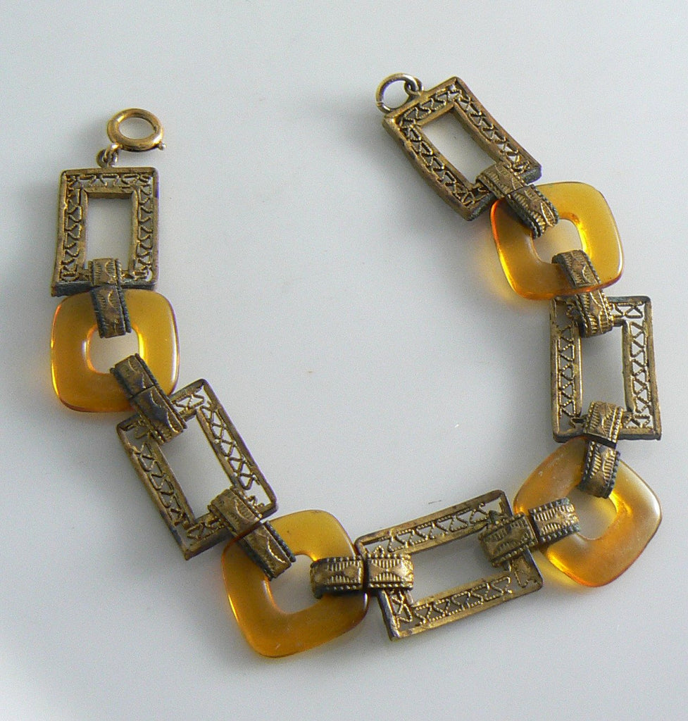 Unusual Brass And Amber Glass Filigree Link Bracelet - Vintage Lane Jewelry