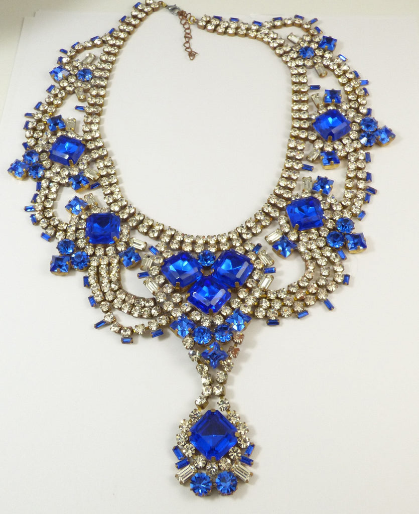 Czech Glass Blue Rhinestone Husar D Necklace, Statement Necklace - Vintage Lane Jewelry