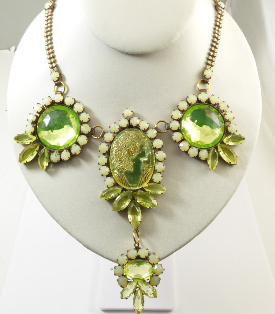 Czech Husar D Vaseline Uranium Glass Cameo Statement Necklace - Vintage Lane Jewelry