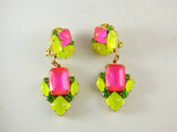 Czech Neon Yellow and Pink Clip Earrings - Vintage Lane Jewelry