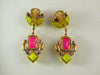 Czech Neon Yellow and Pink Clip Earrings - Vintage Lane Jewelry