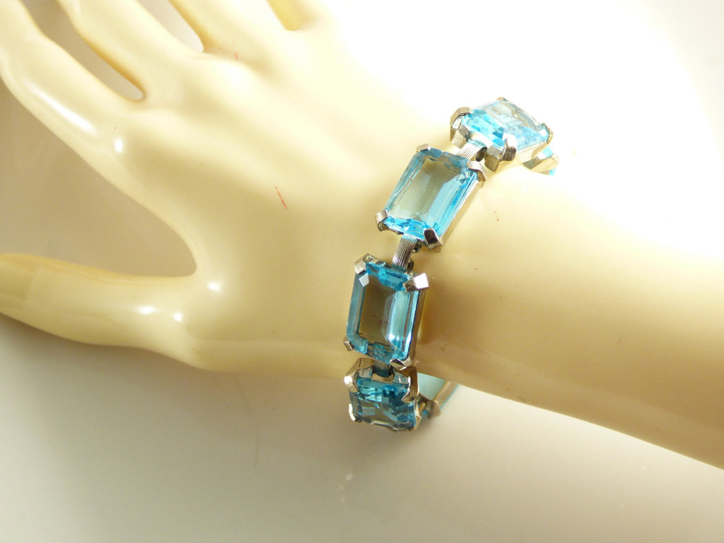 Vintage Judy Lee large aqua blue glass open back rhinestone bracelet - Vintage Lane Jewelry