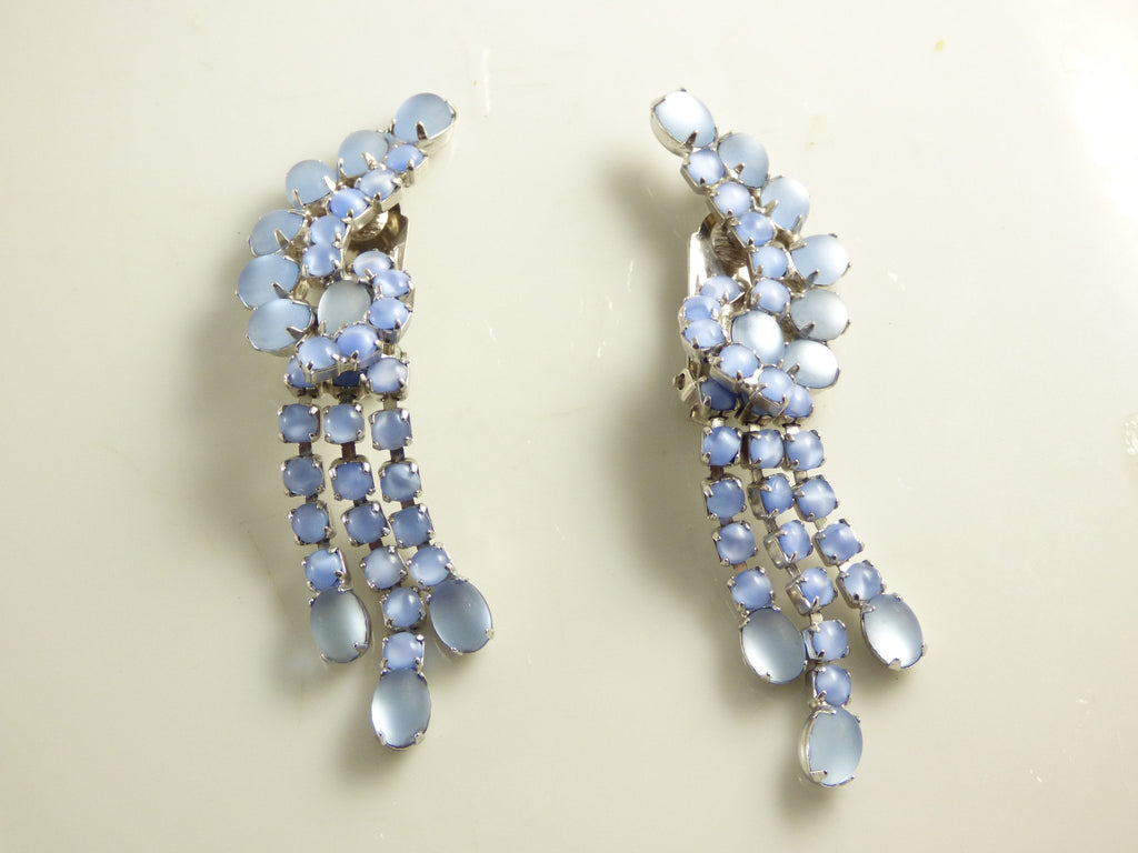 Vintage Long Blue Glass Dangle Pearly Frosted Moonstone Clip Earrings - Vintage Lane Jewelry