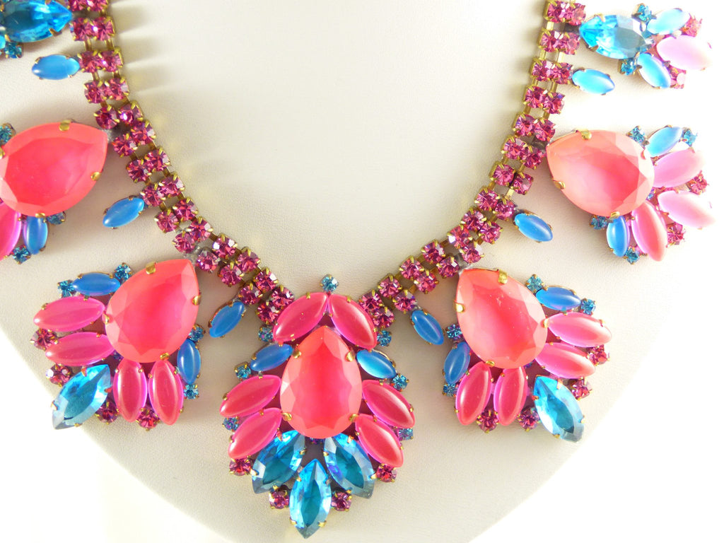 Neon Blue and Pink Czech Glass Stone Rhinestone Statement Necklace - Vintage Lane Jewelry
