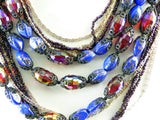 Vintage Signed Hobe AB Carnival Blue Art Glass Necklace Clip Earring Set - Vintage Lane Jewelry