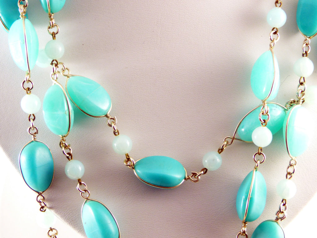 Vintage Western Germany 3 Strand Turquoise Plastic Bead Necklace and Clip Earrings - Vintage Lane Jewelry