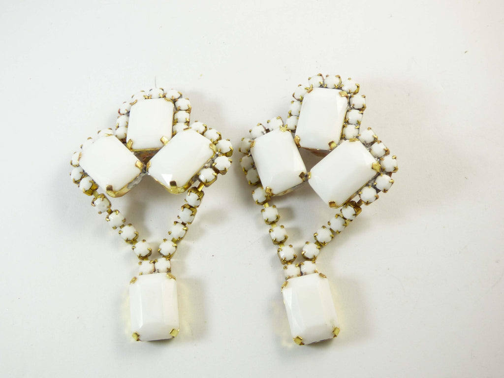 Czech Glass Bold Milk Glass Necklace with Matching Clip Earrings, Wedding Set, Bridal Jewelry - Vintage Lane Jewelry
