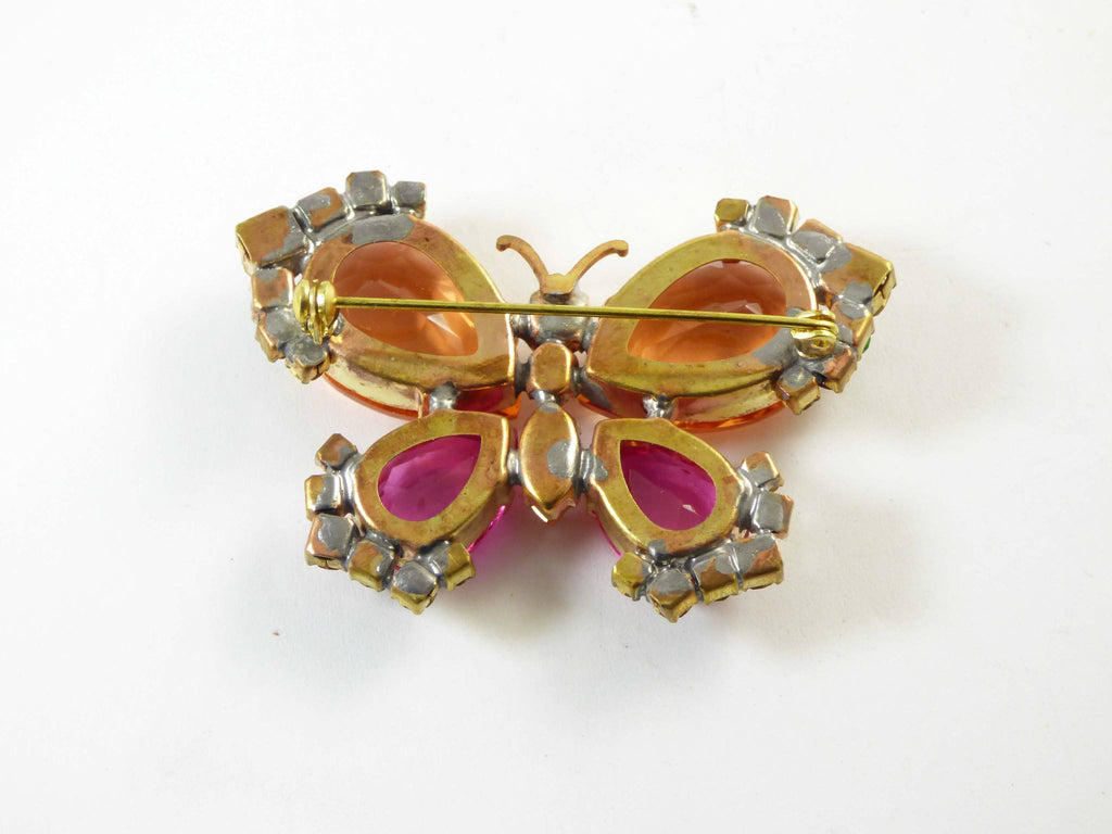 Butterfly Brooch Peach and Pink Glass, Figural Pin, Insect Pin, Czech Glass - Vintage Lane Jewelry