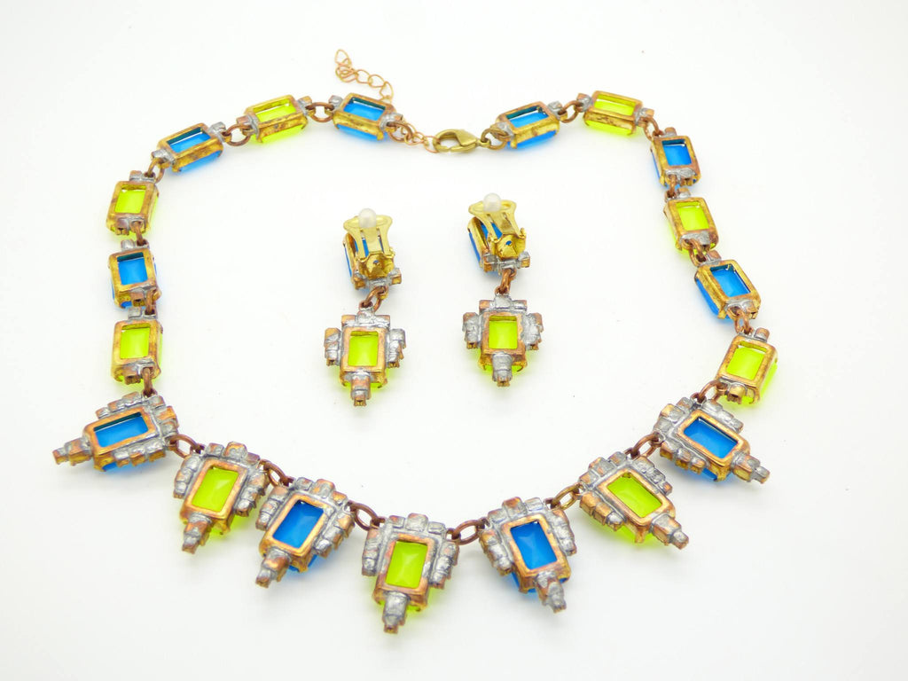 Czech glass Neon Blue and Yellow square cut rhinestones necklace and clip earrings - Vintage Lane Jewelry