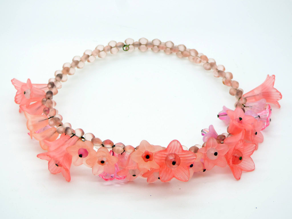 Lucite Flowers and Glass Bead Necklace, Opaque Peach and Rose Colors - Vintage Lane Jewelry