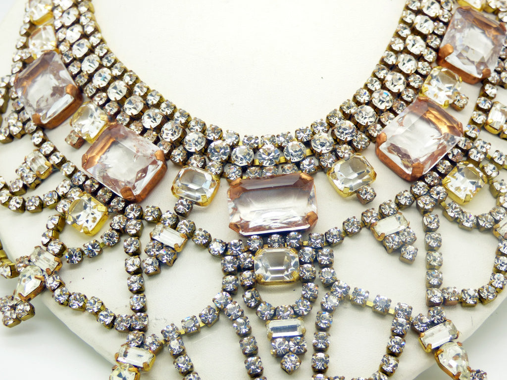 Husar D. Czech Glass Peach Clear Rhinestone Statement Necklace - Vintage Lane Jewelry