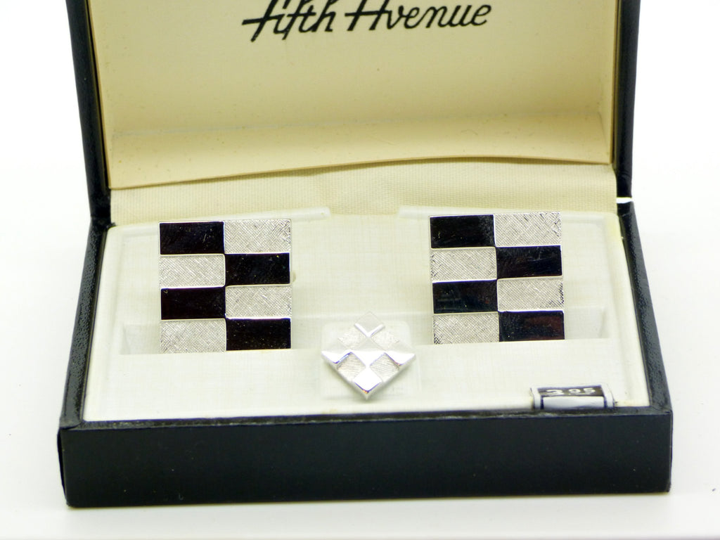 Checkerboard Silver Tone Cufflinks and Tie Tack Set in Original Box, Signed Shield. - Vintage Lane Jewelry