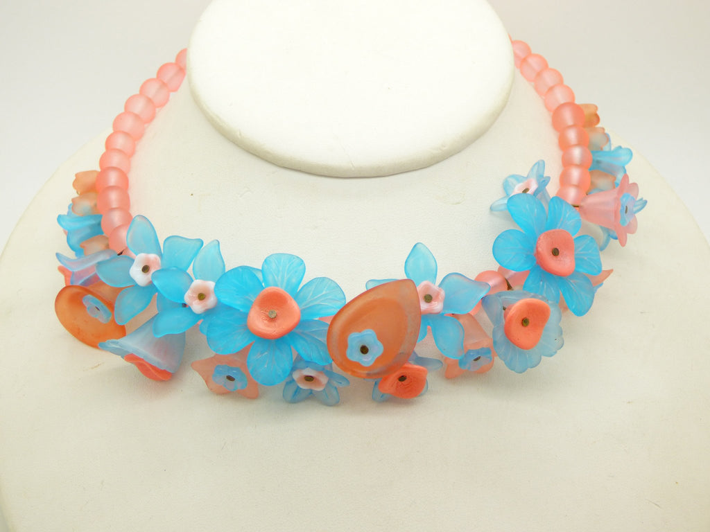 Turquoise and Peach Lucite Flowers, Glass Flowers and Peach Glass Beads Necklace - Vintage Lane Jewelry