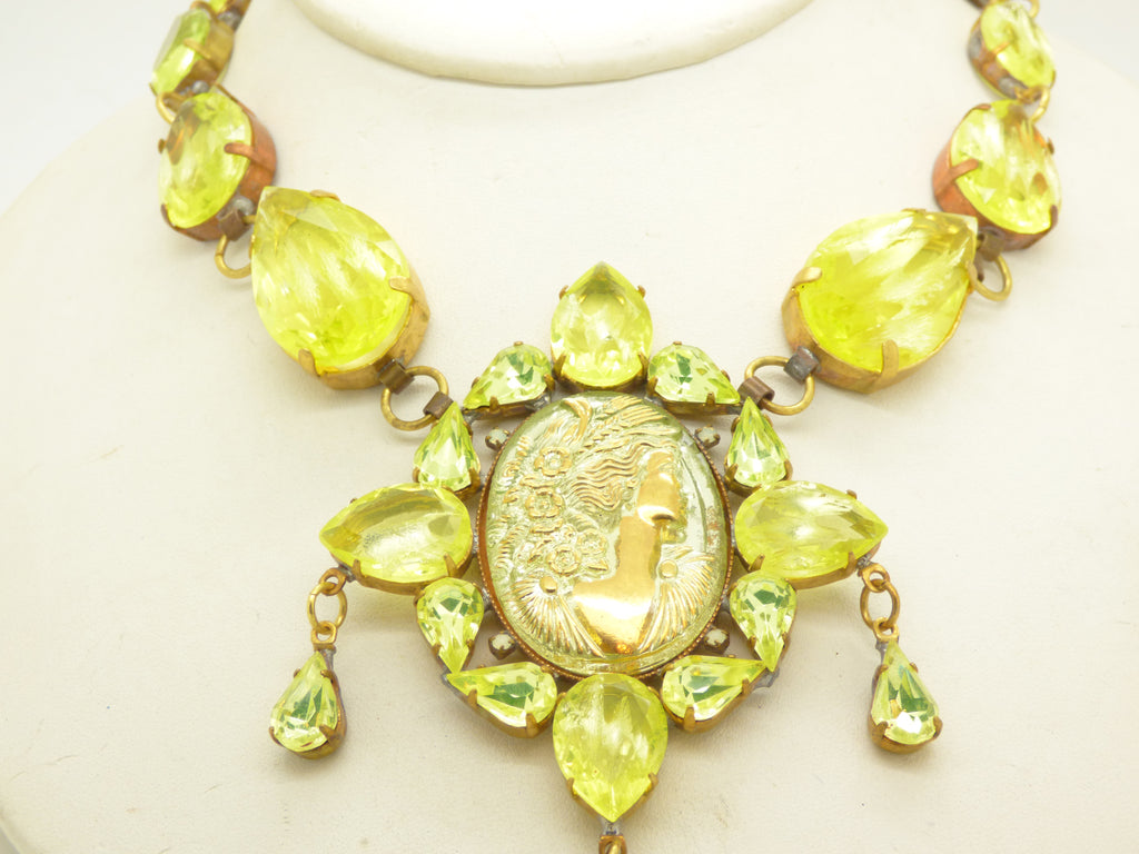 Czech Cameo Glass Vaseline Uranium Statement Necklace, Husar D - Vintage Lane Jewelry