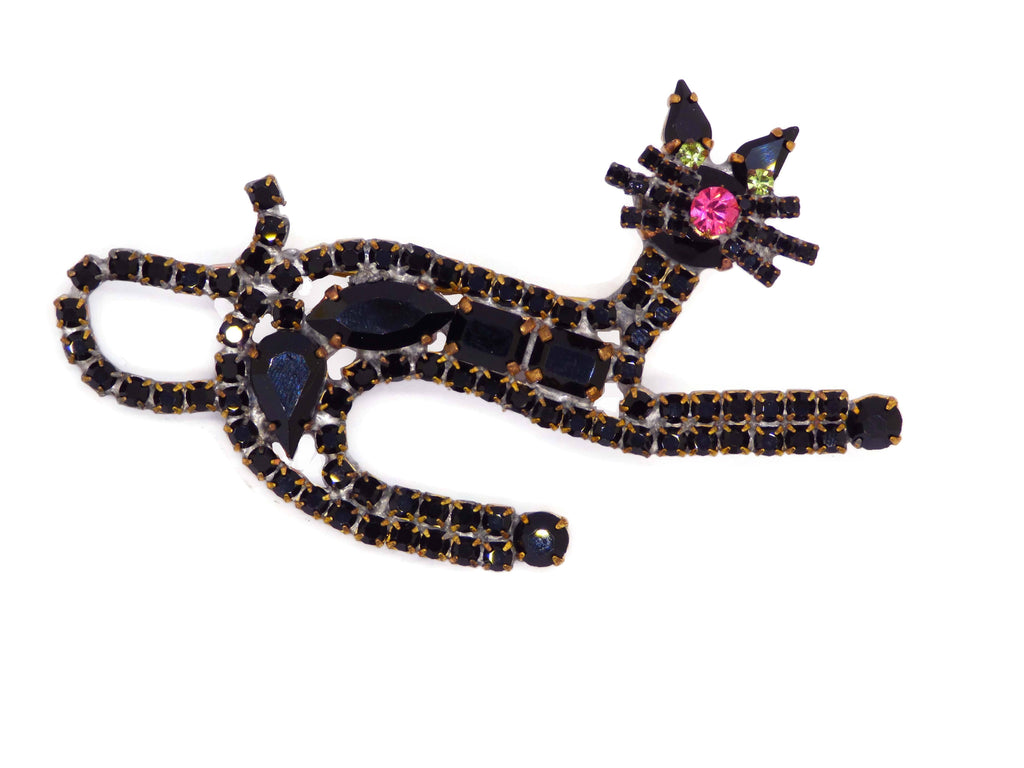 Black Cat Czech Rhinestone Halloween Brooch - Vintage Lane Jewelry