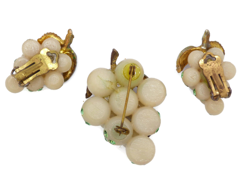 Grapes Forbidden fruit Lucite and rhinestone demi parure, clip earrings - Vintage Lane Jewelry