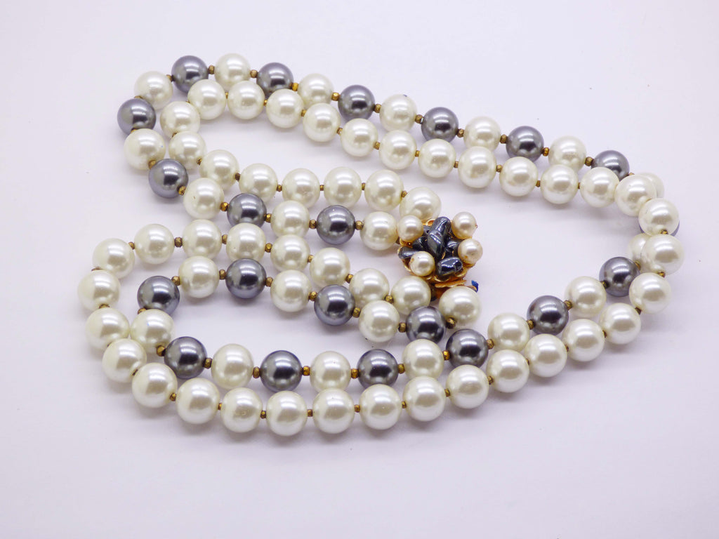 Miriam Haskell Black and White Glass Pearl Necklace - Vintage Lane Jewelry