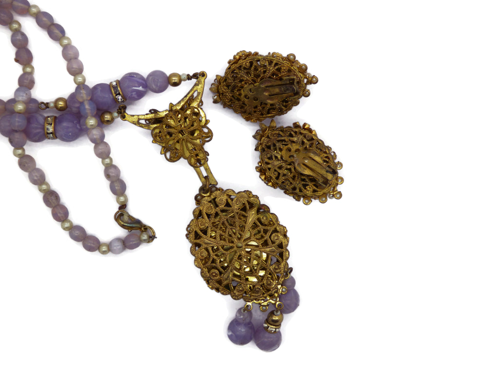 Early Miriam Haskell Lavender Art Glass, Rhinestone, Seed Pearl Necklace and Earrings - Vintage Lane Jewelry