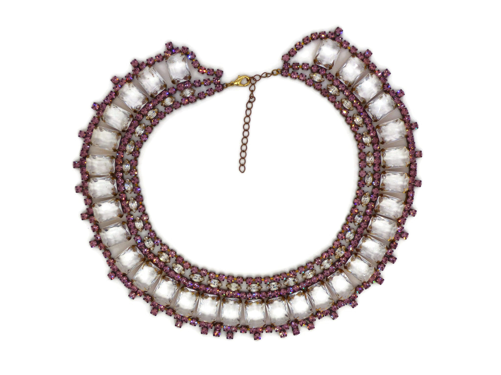 Lavender and Clear Rhinestone Czech Glass Bib Necklace - Vintage Lane Jewelry