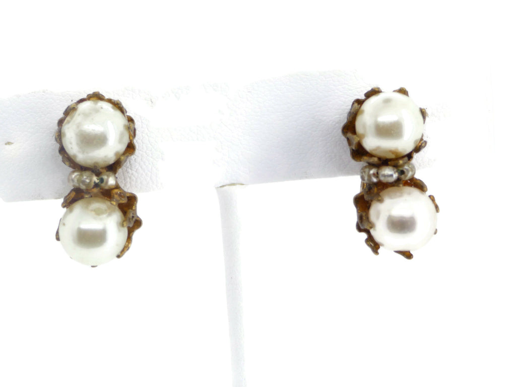 Miriam Haskell Double Pearl Screw Back Earrings - Vintage Lane Jewelry