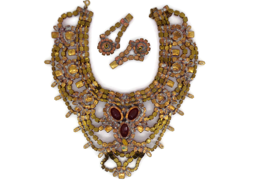 Bijoux MG Czech Glass Pink Rhinestone Statement Necklace and Earrings - Vintage Lane Jewelry