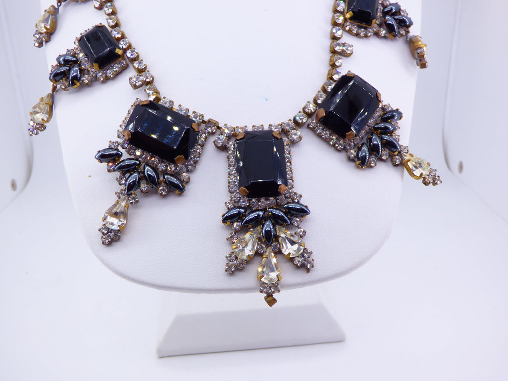 Husar D Czech Glass Black and Clear Rhinestone Necklace - Vintage Lane Jewelry