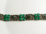 Art Deco Style Faceted Green Glass in Brass Filigree Linked Bracelet - Vintage Lane Jewelry