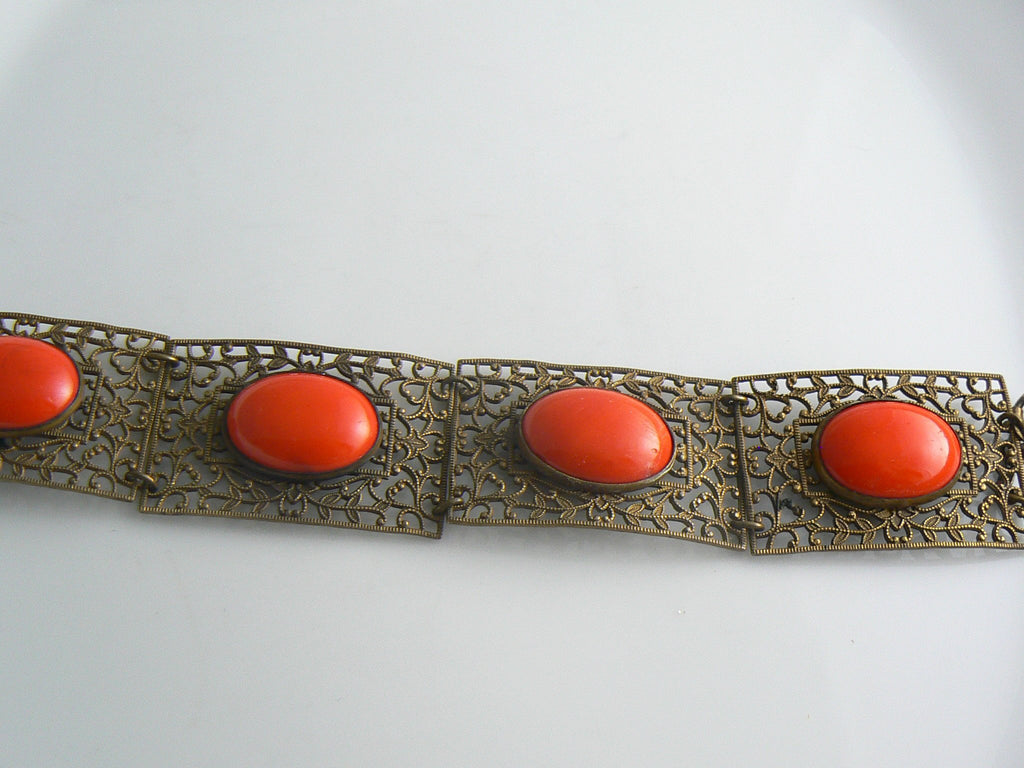 Czech Deco Lipstick Red Glass Brass Filigree Bracelet - Vintage Lane Jewelry