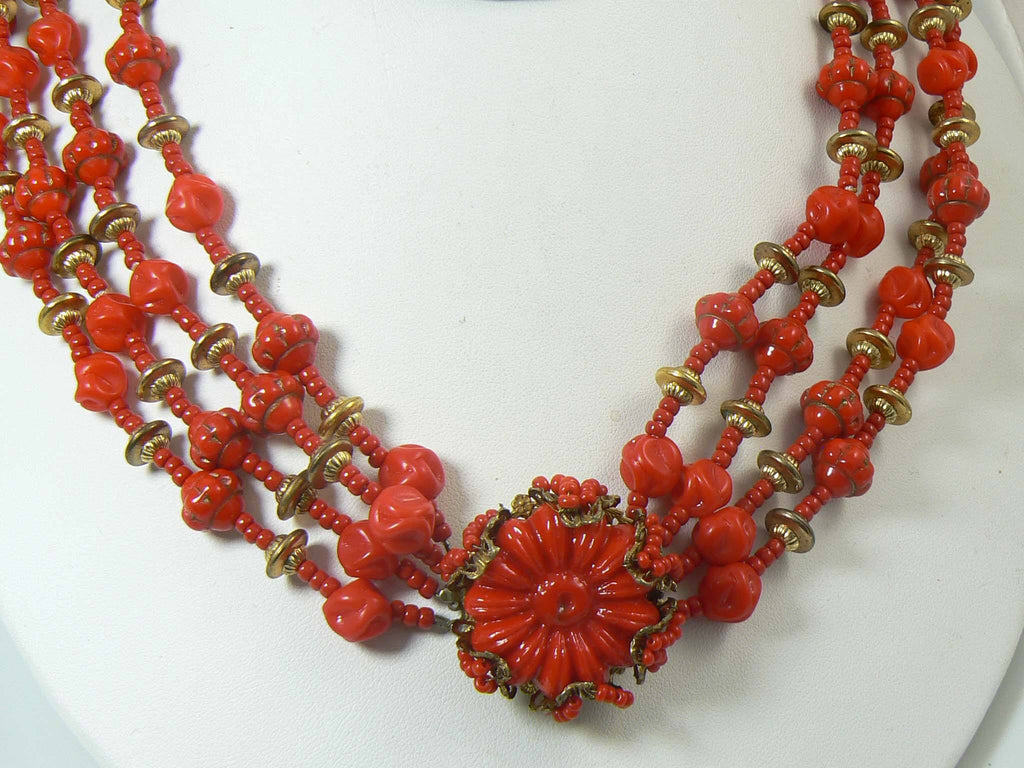Vintage Miriam Haskell 4 Strand Red and Gold Glass Bead Necklace - Vintage Lane Jewelry