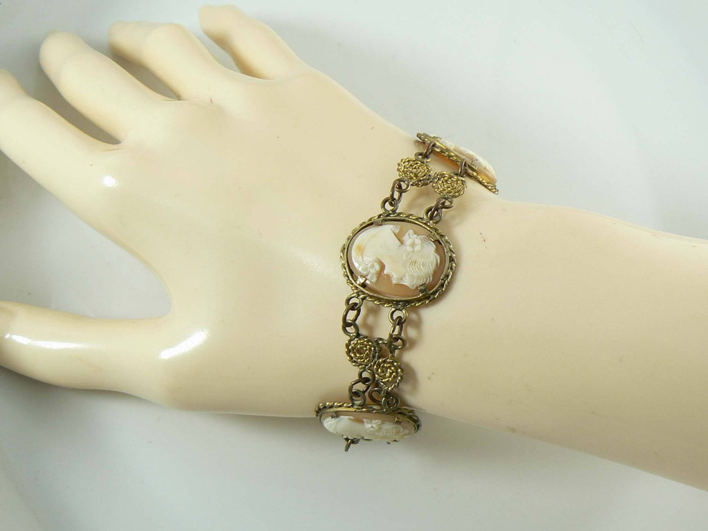 Vintage Art Deco Shell Cameo Filigree Bracelet - Vintage Lane Jewelry