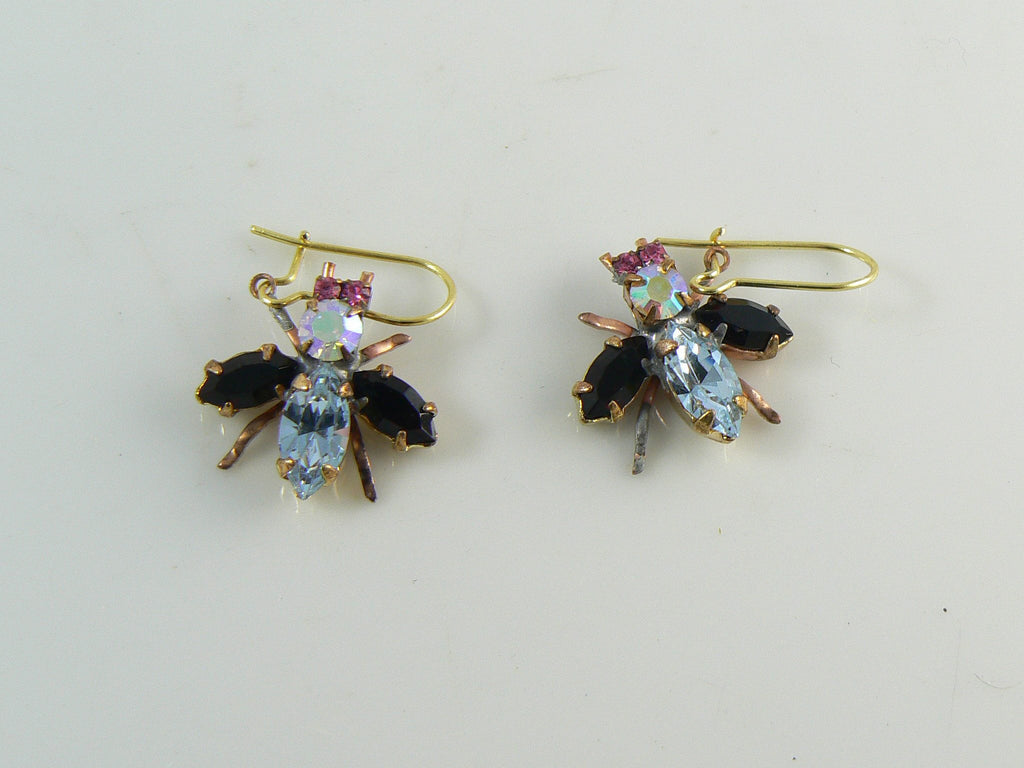 Czech Glass Rhinestone Fly Earrings, Black and Lavender - Vintage Lane Jewelry