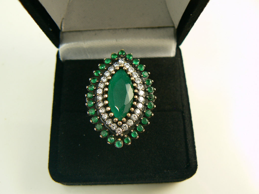 Natural Emerald and White Topaz Turkish Sterling Silver Ring. size 8.5 - Vintage Lane Jewelry