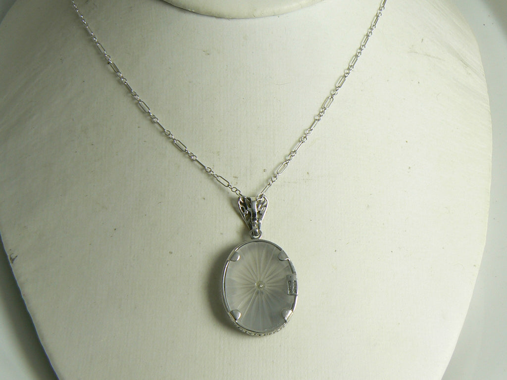 Art Deco Sterling Silver Filigree Camphor Glass Diamond Necklace - Vintage Lane Jewelry