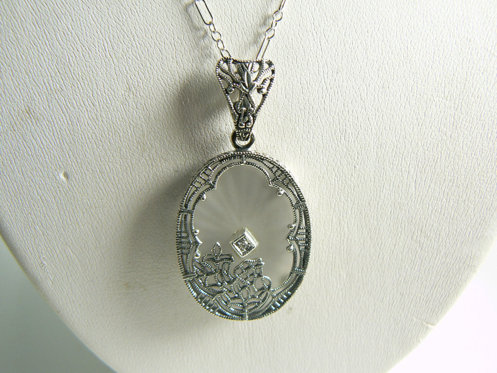 Art Deco Sterling Silver Filigree Camphor Glass Diamond Necklace - Vintage Lane Jewelry