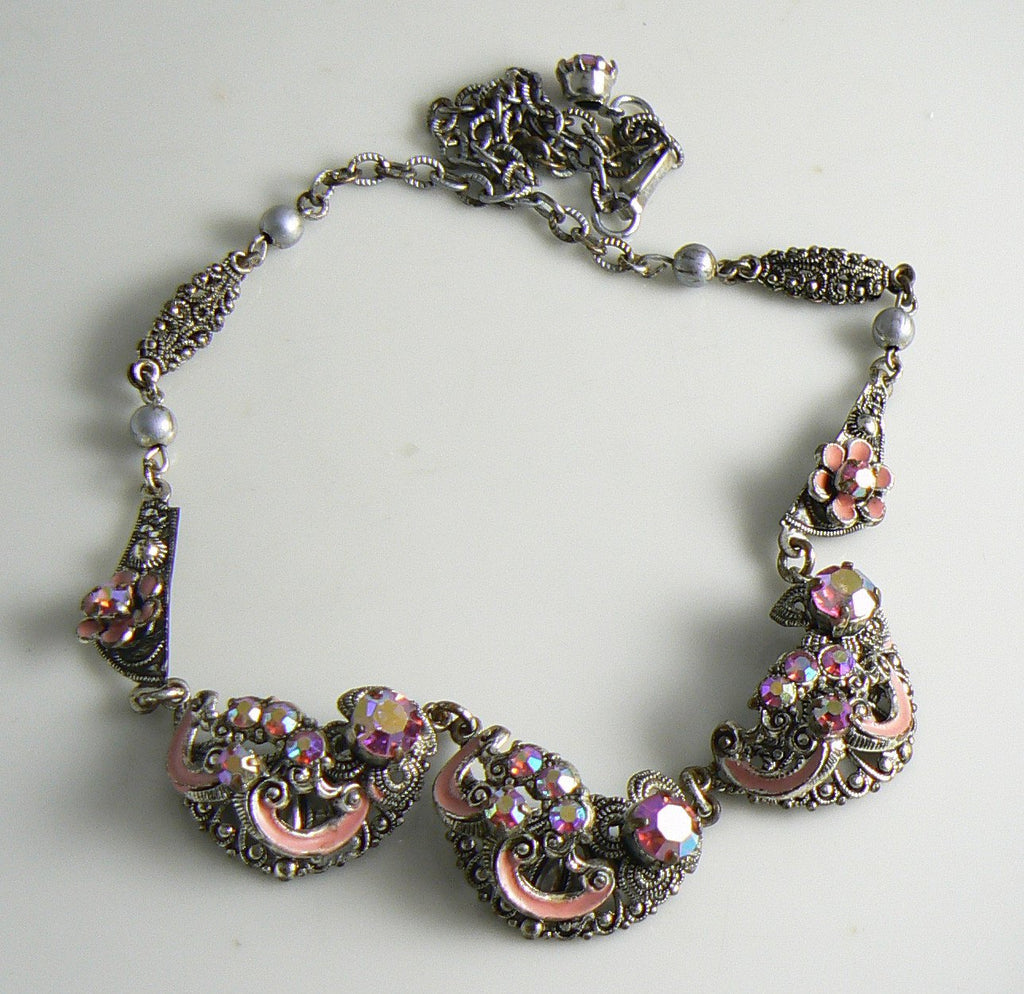 Vintage Czech Art Deco Pink Ab Rhinestone And Enamel Filigree Necklace - Vintage Lane Jewelry