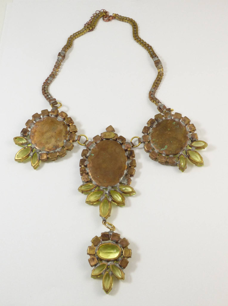 Czech Husar D Vaseline Uranium Glass Cameo Statement Necklace - Vintage Lane Jewelry