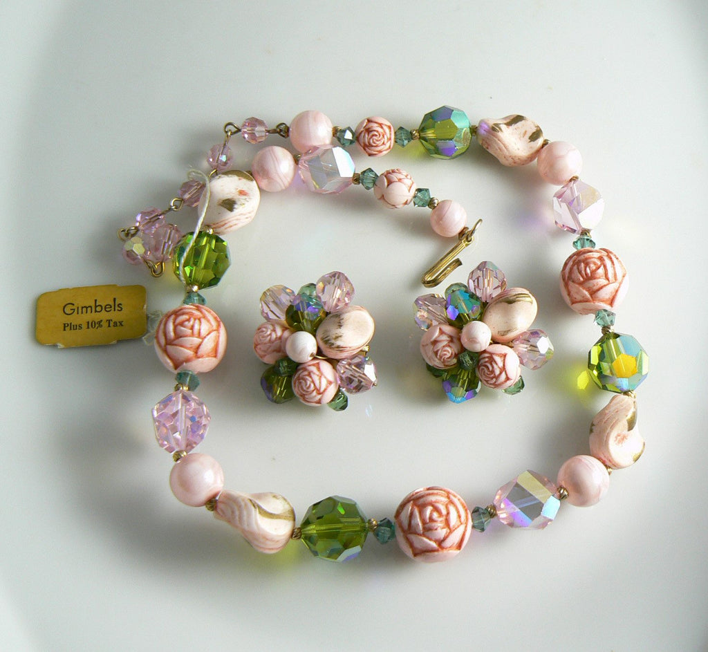 Beautiful Pink Rose Molded Bead & Crystal Necklace Earring Set - Vintage Lane Jewelry