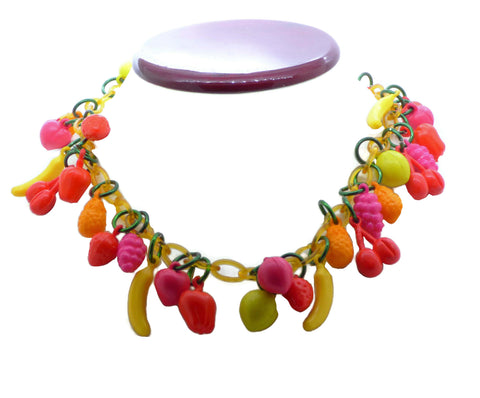 Vintage Early Plastic Apples and Leaves Necklace, Black Lucite Chain, Big Red Apples