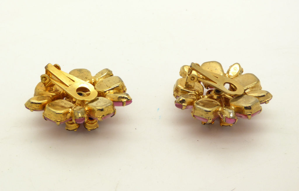 Vintage Juliana D & E Gold Plate Lavender Rhinestone Pink Art Glass Clip Earrings - Vintage Lane Jewelry