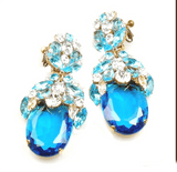 Czech Glass Massive Dangling Clip Earrings Aqua Blue and Clear Stones - Vintage Lane Jewelry