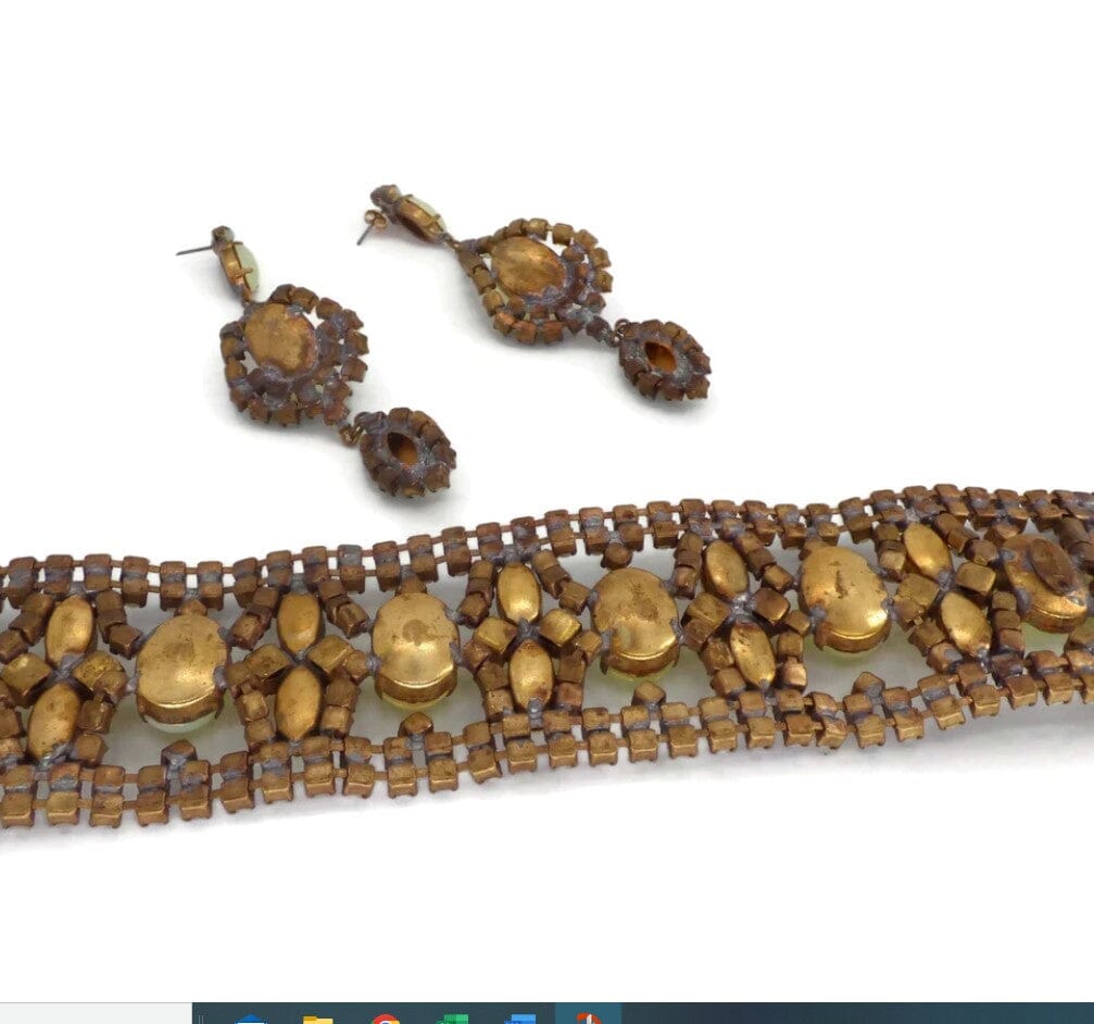 Vaseline Uranium Husar D Czech Bracelet and Earrings - Vintage Lane Jewelry