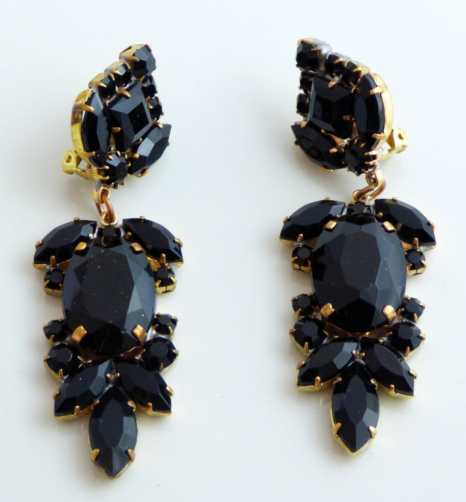 Large Black Czech Glass Dangling Clip Earrings - Vintage Lane Jewelry