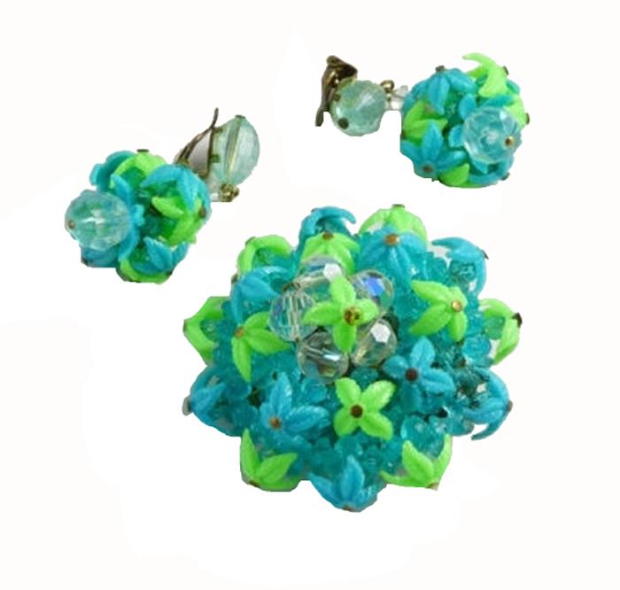 Western Germany Blue and Green Plastic Leaves and Crystals Demi Parure - Vintage Lane Jewelry