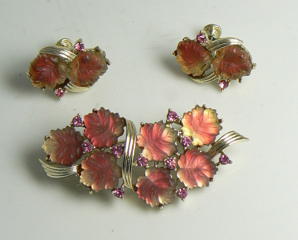 Vintage Coro Molded Glass Leaves Rhinestone Parure, Necklace, Bracelet, Brooch, Earrings - Vintage Lane Jewelry