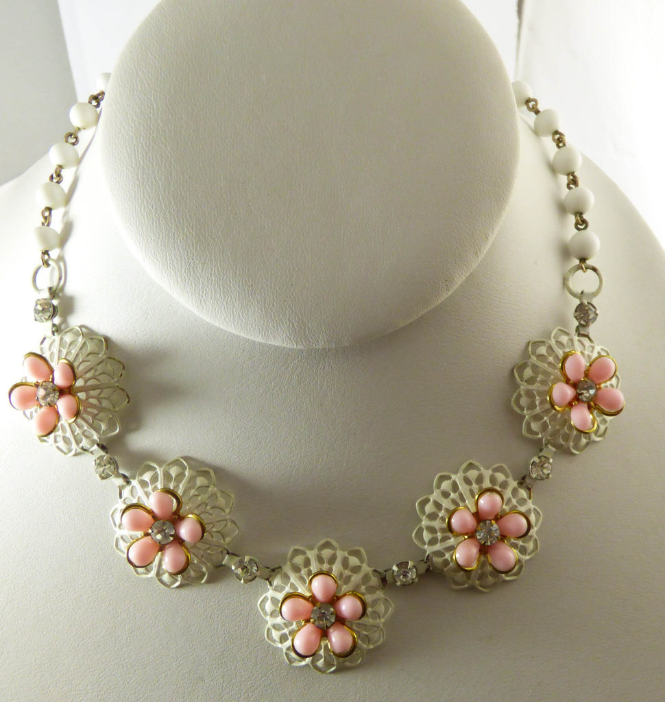 Vintage White Enamel, Pink Plastic Flower, Milk Glass Bead Necklace - Vintage Lane Jewelry